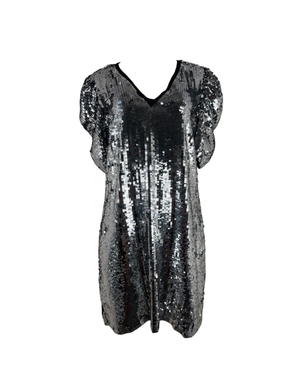 MICHAEL KORS Silver Sequin V-Neck Puff Sleeve Dress Size M - Picture 5 of 10